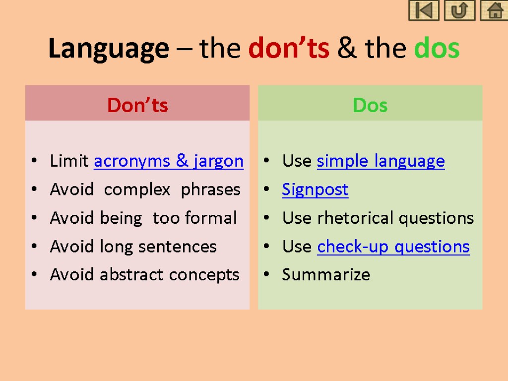 Language – the don’ts & the dos Don’ts Limit acronyms & jargon Avoid complex